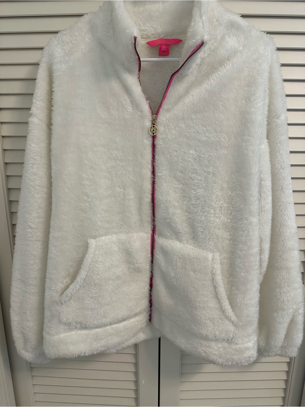 Lilly Pulitzer Barkley Coconut White Plush Zip Jacket with Hot Pink Trim